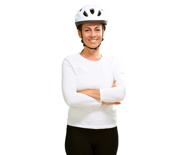 Donna che indossa casco con le mani piegate
 - Foto, immagini
