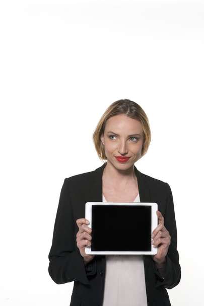 Beautiful young woman with digital tablet - Foto, afbeelding