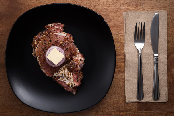 raw pork steak still life on wooden background - Photo, Image
