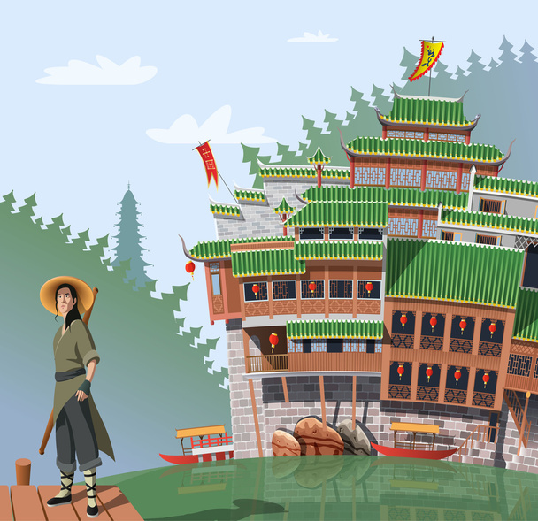Kung-Fu-Kämpfer und altes chinesisches Dorf im Hintergrund - Vektor, Bild