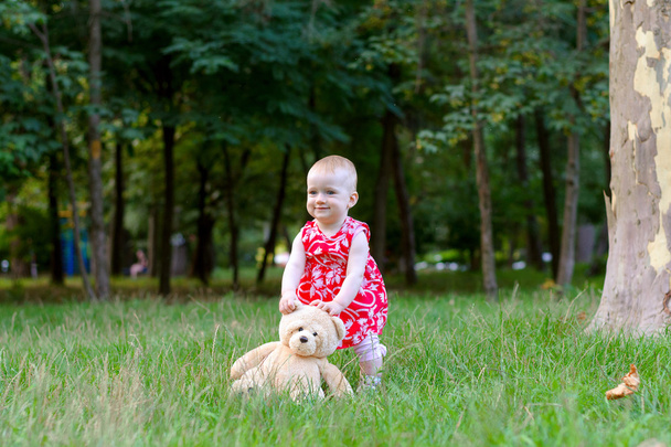 dziewczyna gra z misiem w parku na trawie - Zdjęcie, obraz