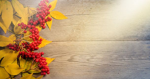 Herbstblätter auf Holzgrund mit Kopierraum - Foto, Bild