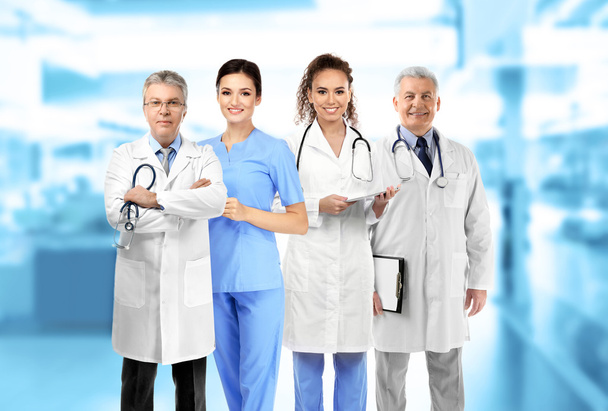 Medical team on blurred hospital background, Health care concept - Photo, Image