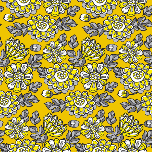 黄色の装飾的な夏の花秋のシームレスなパターン。黒と - ベクター画像