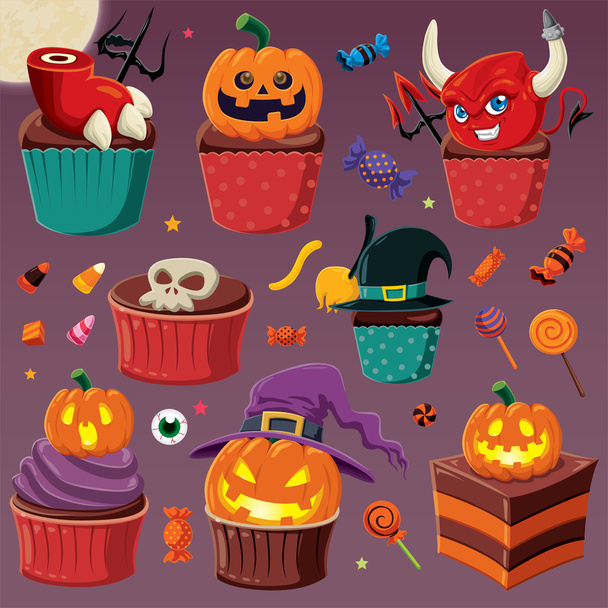 Vintage Halloween poster design with vector cupcake character. - Vector, Imagen