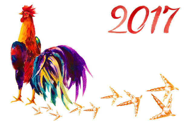 Galo. Ano do Galo. Ano Novo Chinês do Galo. Cartão de Ano Novo Rooster aquarela
. - Foto, Imagem