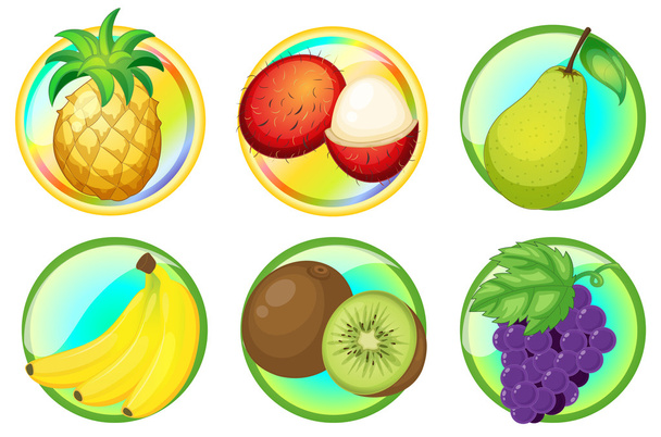 Свежие фрукты на круглых значках
 - Вектор,изображение