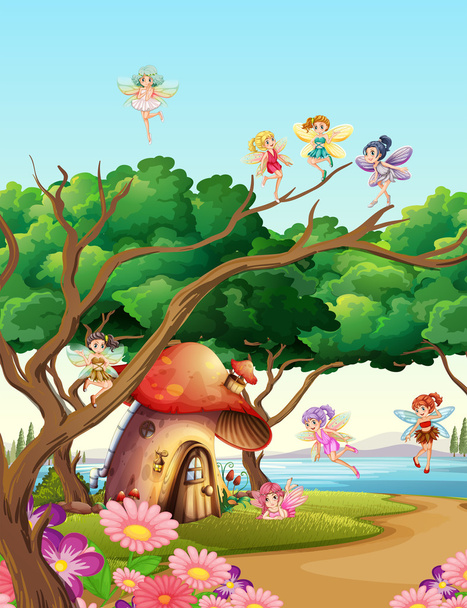 Fairies flying in the garden - Vector, Image