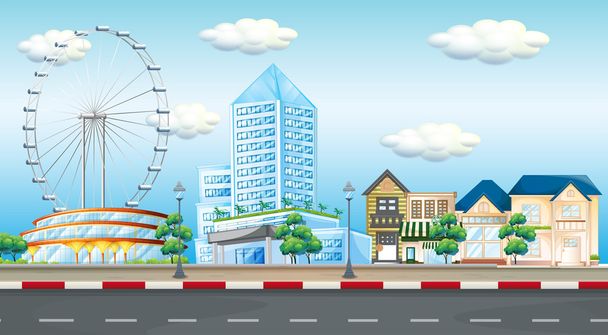 Stadtbild mit Riesenrad und Gebäuden - Vektor, Bild