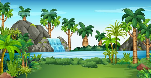 Scene with waterfall and lake - Vector, Image