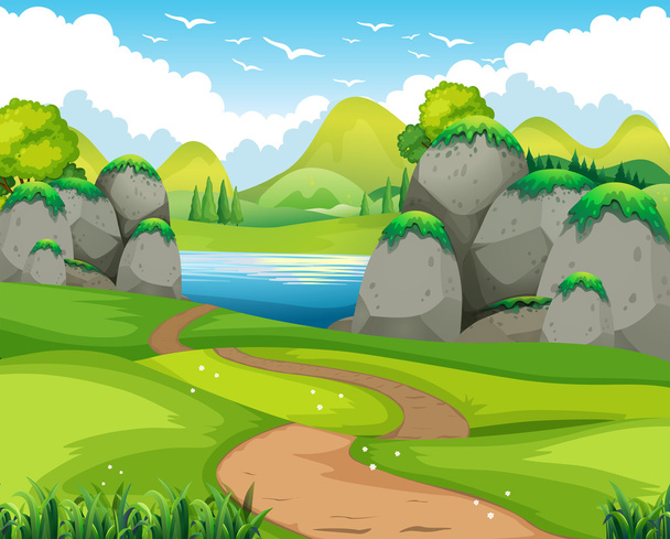 Nature scene with hiking track and lake - Vector, Image