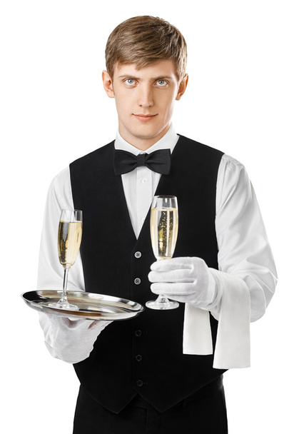 σερβιτόρος που σερβίρει σαμπάνια στο δίσκο  - Φωτογραφία, εικόνα