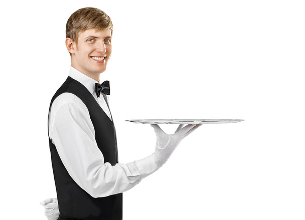 waiter holding empty tray - Foto, Imagen