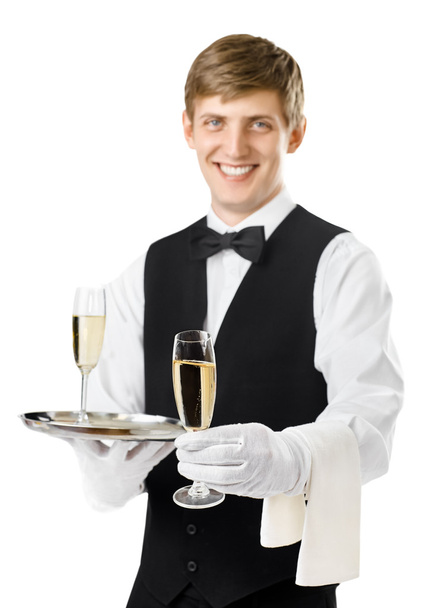 waiter serving champagne on tray - Zdjęcie, obraz