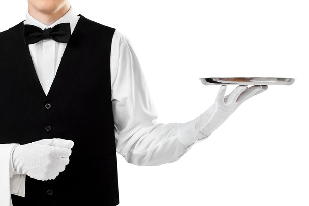 waiter holding silver tray - Foto, afbeelding