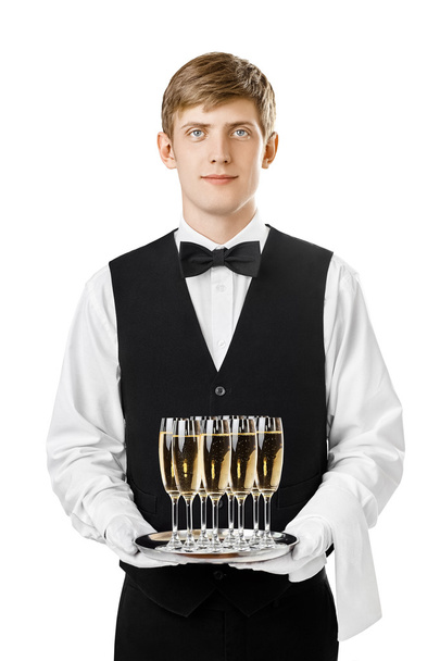 waiter holding silver tray with champagne - Foto, Imagen