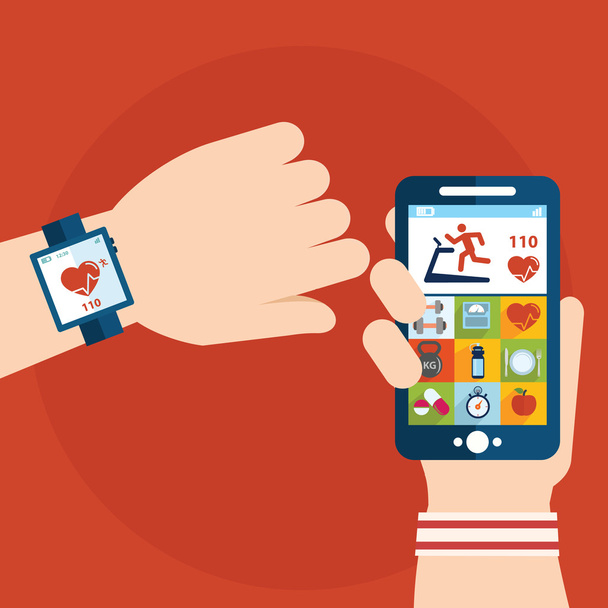running app on phone and smartwatch - Vector, Image
