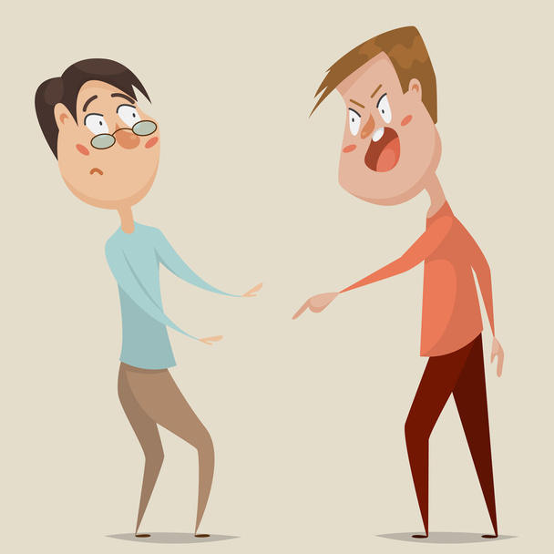 Aggressive man threats and shouts on frightened man in anger. Emotional concept of aggression, tyranny and despotism. Cartoon characters. Vector illustration - Vector, Image