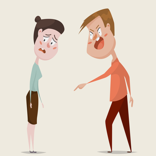 Family conflict. Aggressive man threats and shouts on oppressed woman in anger. Emotional concept of aggression, tyranny and despotism. Negative emotions. Cartoon characters. Vector illustration - Vector, Image