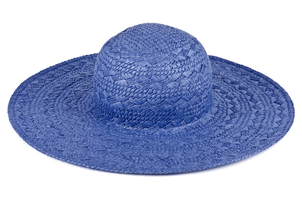 modré slaměný klobouk izolovaných na bílém - Fotografie, Obrázek