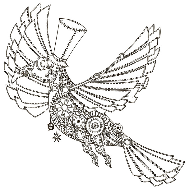 Mechaniczny ptak w stylu steampunk. Vintage rysunek ręcznie rysowane wektor - Wektor, obraz