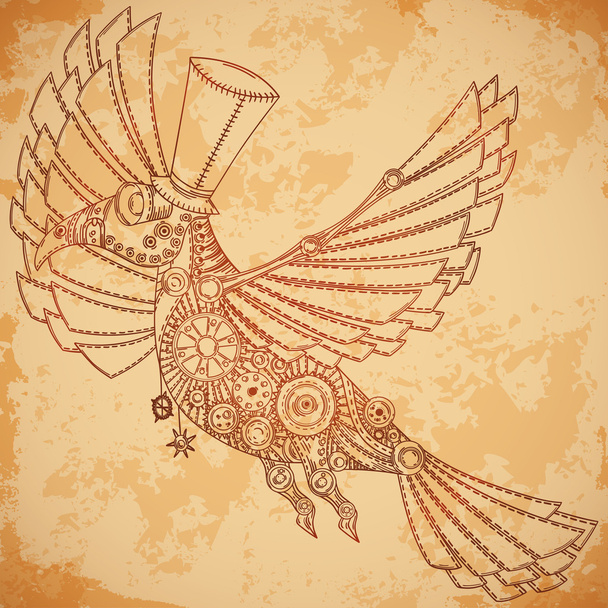 Mechanical bird in steampunk style on aged paper background. Vintage hand drawn vector illustration - Vecteur, image