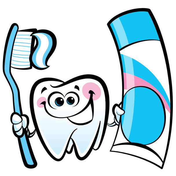 Happy cartoon molaire tand karakter bedrijf tandheelkundige tandenborstel een - Vector, afbeelding