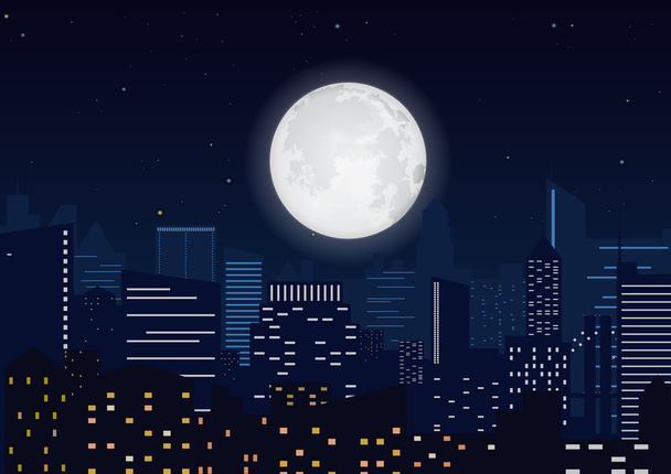 City in the night. Cityscape night silhouette with big moon vector illustration. - Vettoriali, immagini
