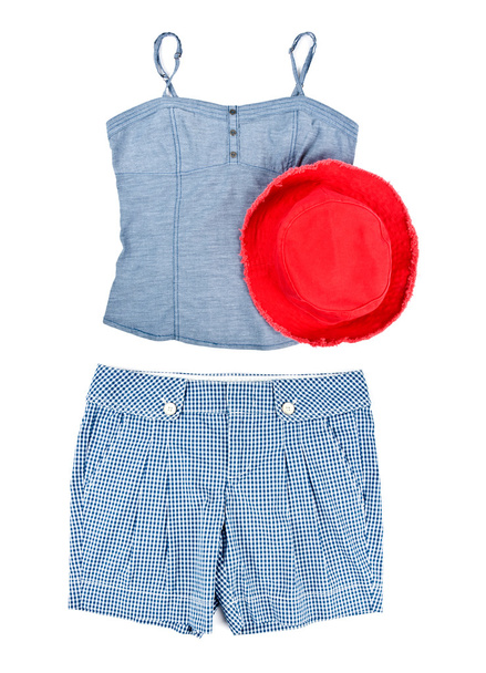 niebieski podkoszulek, spodnie i czerwony kapelusz - Zdjęcie, obraz