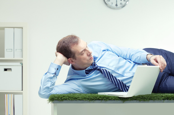 Biznesmen, leżącego na stole trawy z laptopa  - Zdjęcie, obraz