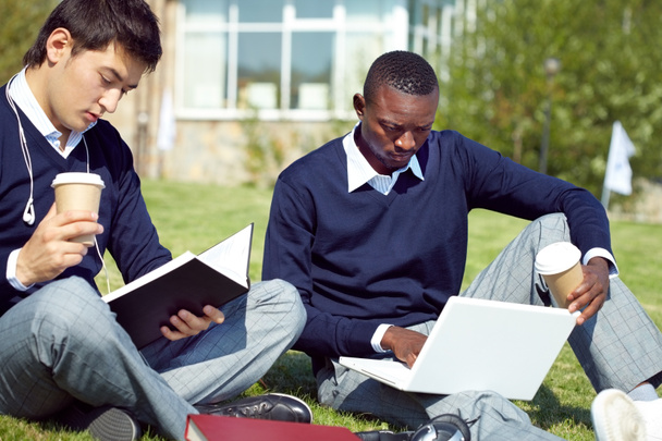 Kaksi opiskelijaa lukemassa seminaareihin kampuksella
 - Valokuva, kuva