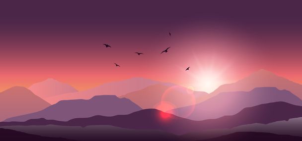 Vuorimaisema auringon laskiessa ja aamunkoitteessa
 - Vektori, kuva
