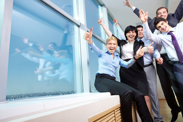 cheerful businesspeople showing thumbs up sign - Photo, Image