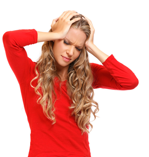 Retrato de una mujer rubia con dolor de cabeza intenso
 - Foto, Imagen