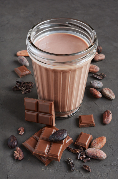 Chocolate milk and pieces of chocolate bar and cocoa beans - Zdjęcie, obraz