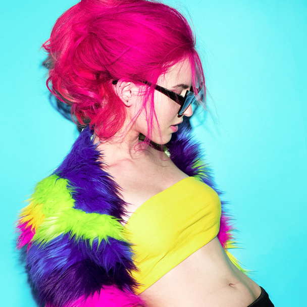 Fancy Party. Sensual Girl with pink Hair and fashion fur coat. B - Photo, Image