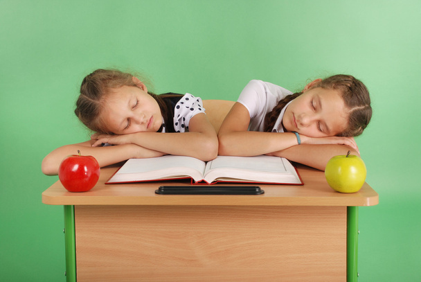 Duas meninas da escola dormindo em uma pilha de livros em sua mesa
 - Foto, Imagem