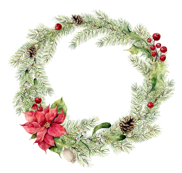 Coroa de abeto de Natal aquarela com azevinho, visco e poinsettia. Grinalda de ramo de árvore de ano novo para design, impressão ou fundo
 - Foto, Imagem