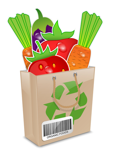 Bioélelmiszer a papír bevásárló táska. Vektoros illusztráció - Vektor, kép
