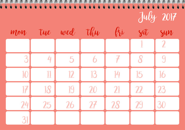 kalender van 2017 voor de maand juli. - Vector, afbeelding