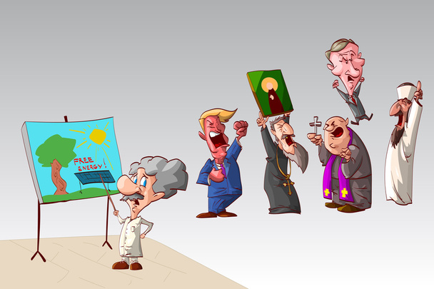Scientist and stupid world political and religious leaders - Vector, Image