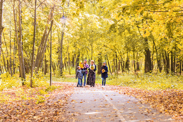 οικογένεια με τρία παιδιά το περπάτημα στο Φθινοπωρινό πάρκο - Φωτογραφία, εικόνα