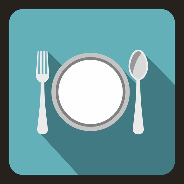Plate with spoon and fork icon, flat style - Vektör, Görsel