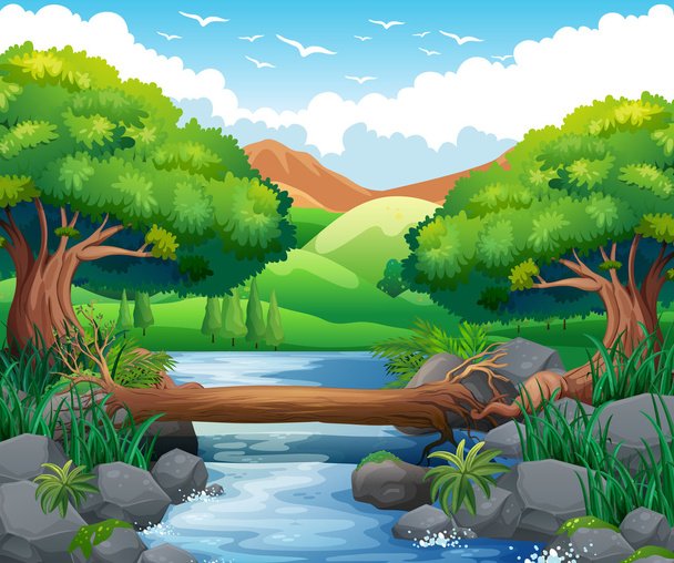 Scena z rzeki przez Las - Wektor, obraz