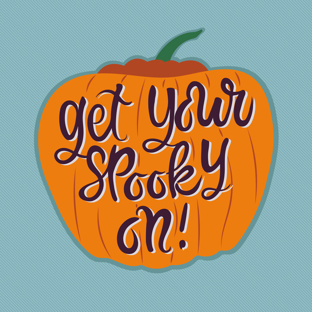 Oranssi kurpitsa Halloween tekstiä sinisellä taustalla
 - Vektori, kuva