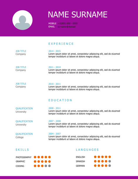 Resume template design with purple headings - Vector, Image