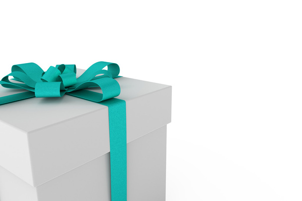 White gift box with cyan ribbon bow - Foto, afbeelding