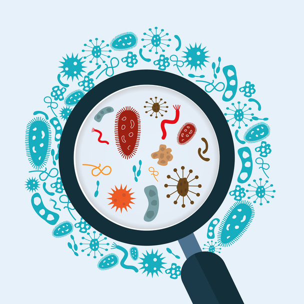 Magnifier glass with bacterias - Vector, Image