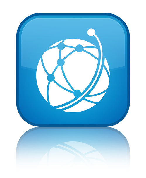 グローバル ネットワーク アイコン シアン青い正方形ボタン - 写真・画像