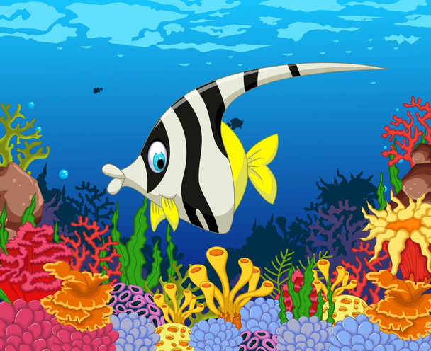 grappige zwarte en witte engel vis cartoon met schoonheid zee leven achtergrond - Foto, afbeelding